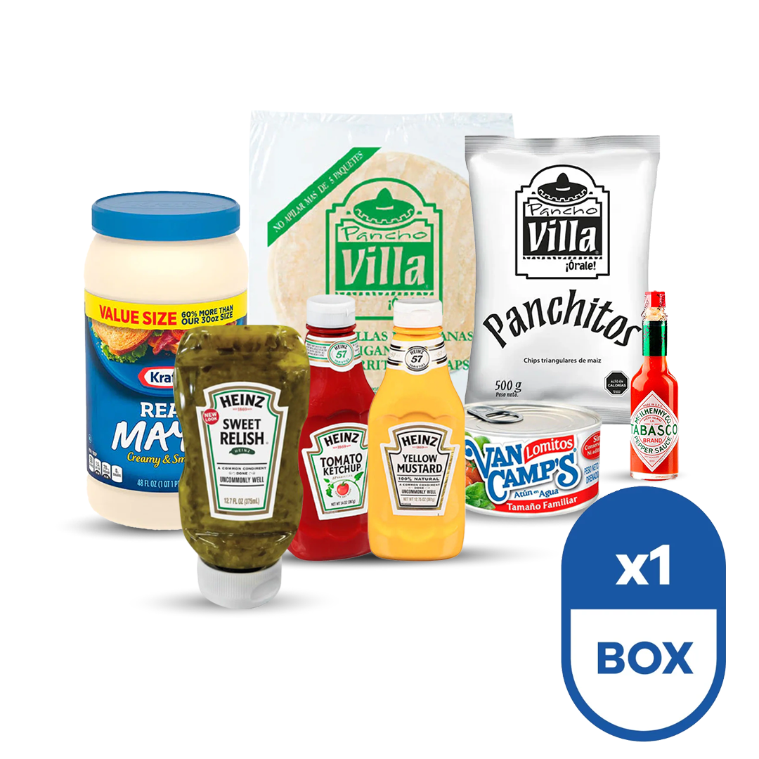 Navidad Box con variedad de productos para el picoteo: Ketchup, Mayonesa, Mostaza, Atún, Sweet Relish, Tortillas, Tabasco, Panchitos.